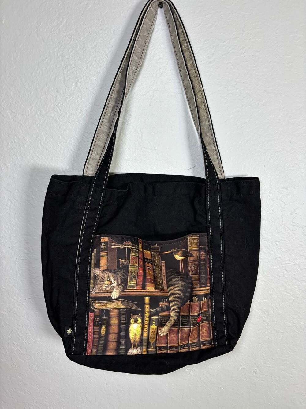 Charles Wysocki Classic Tails Cat Artwork Black Canvas Shoulder Tote Bag